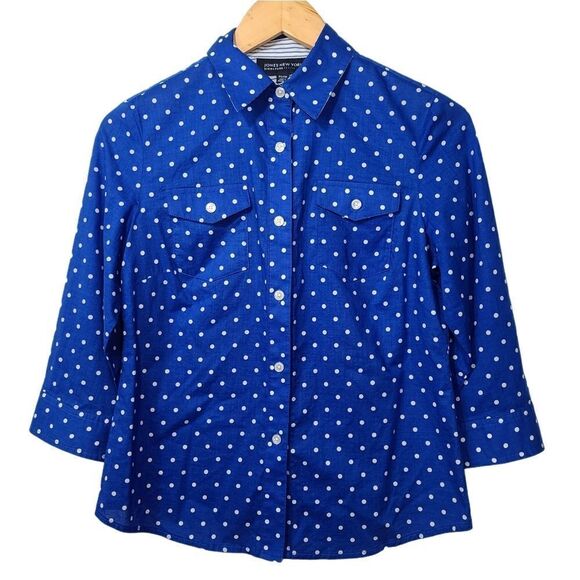 JONES NEW YORK Petites Polka Dot Blouse Blue White - Picture 1 of 9
